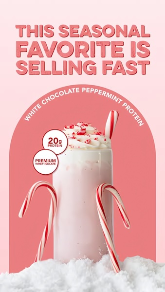 A high-conversion 9:16 vertical ad creative featuring a seasonal protein shake visually styled to drive impulse purchases through urgency.